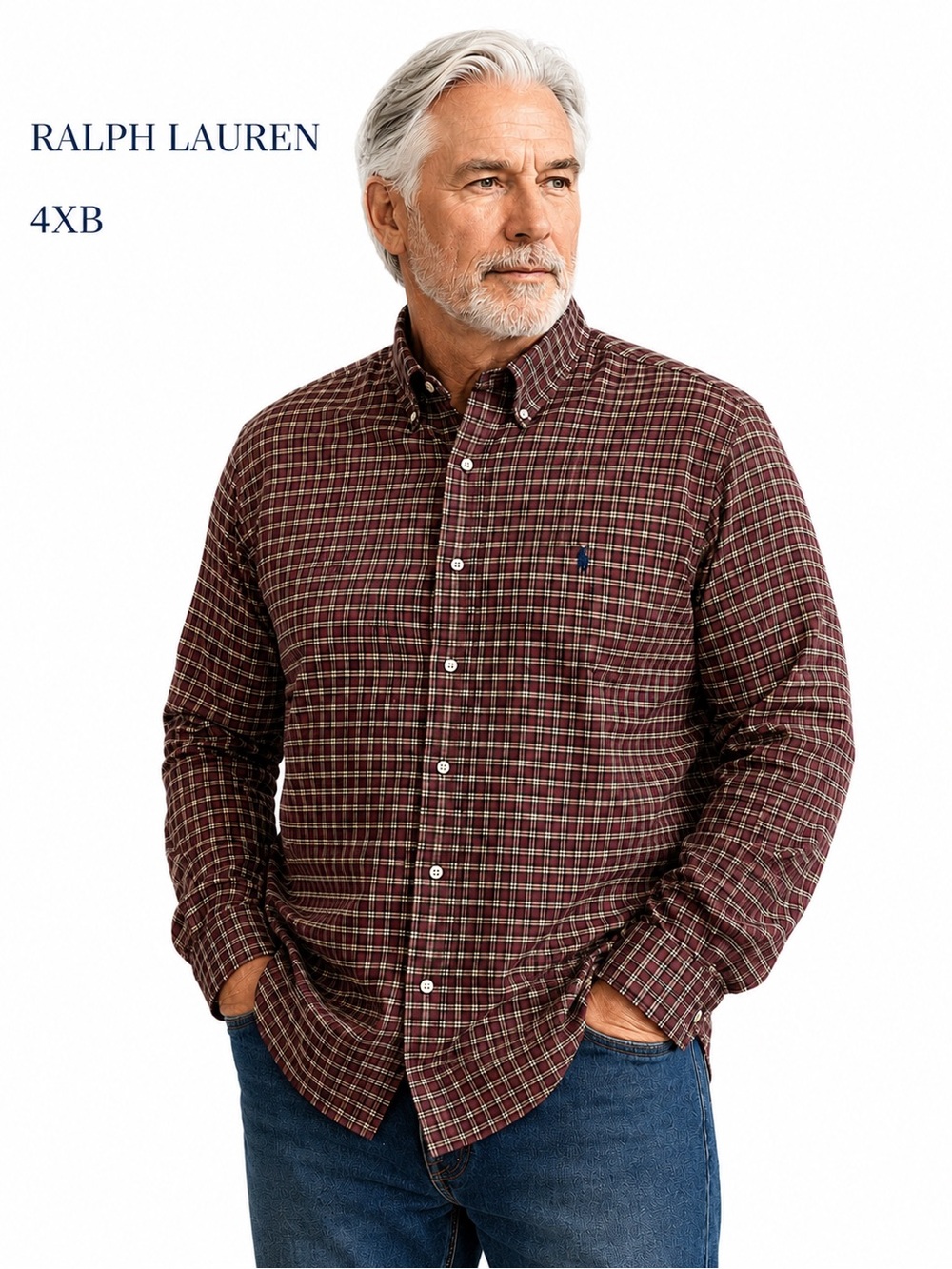 Ralph Lauren 4XB Big Plaid Button Down Shirt Burgundy Green Cotton Pony Logo